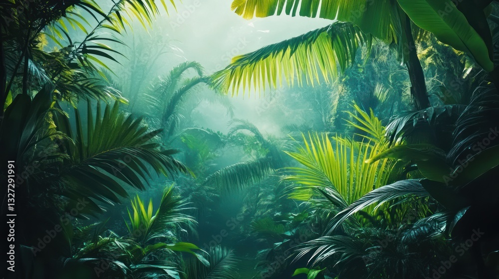 Tranquil forest scene with lush greenery and morning sunlight Tranquil forest scene with lush greenery and morning sunlight