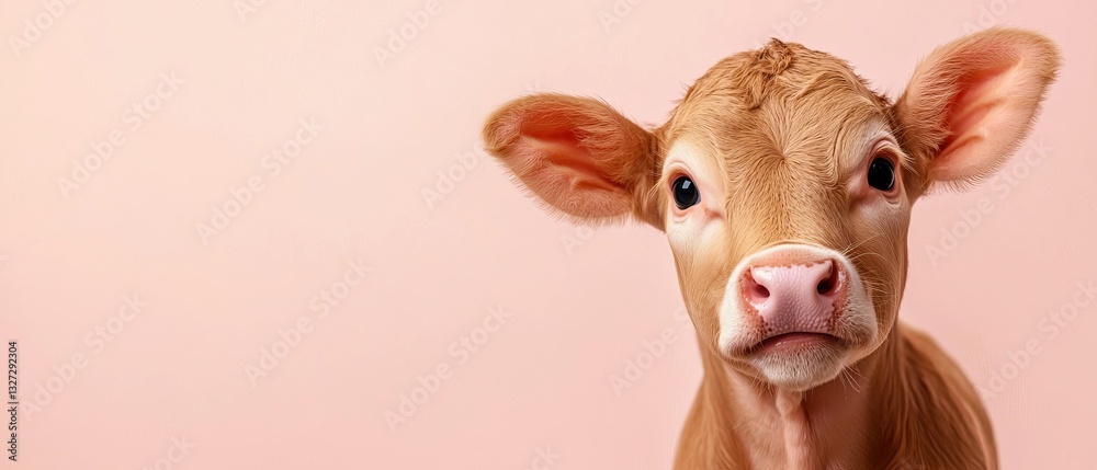 A close-up of a young calf against a soft pink background, showcasing its curious expression and textured fur.
