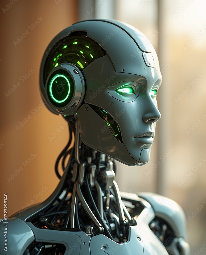 Futuristic Robot with Green LED Eyes and Exposed Circuitry in Modern Setting Futuristic Robot with Green LED Eyes and Exposed Circuitry in Modern Setting