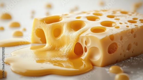 Melted Swiss Cheese Block with Holes, Delicious Golden Yellow Dairy Product Dripping, Close-up Studio Shot of Creamy Texture and Flowing Liquid