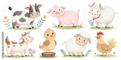 Watercolor Farm Animals Illustration Cow, Pig, Sheep, Goat, Chicken, Animal , Cartoon