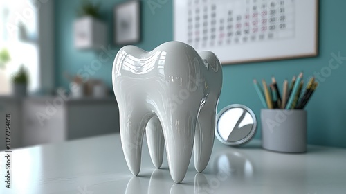 Shiny White Tooth Model on Desk in Modern Dentist Office Setting, Clean and Healthy Dental Concept Image, 3D Render