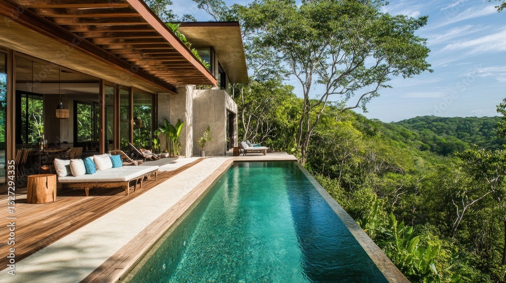 custom made wallpaper toronto digitalModern tropical villa with infinity pool, lush greenery, and an elegant wooden patio.