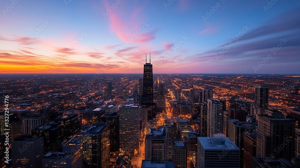 Obraz premium Stunning aerial view of a vibrant city skyline illuminated by sunset lights against a colorful sky : Generative AI