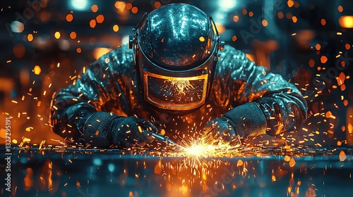 Industrial Welder in Action Intense Sparks Flying Metalworker in Protective Gear Performing Arc Welding Manufacturing Process High-Energy Close-Up Shot