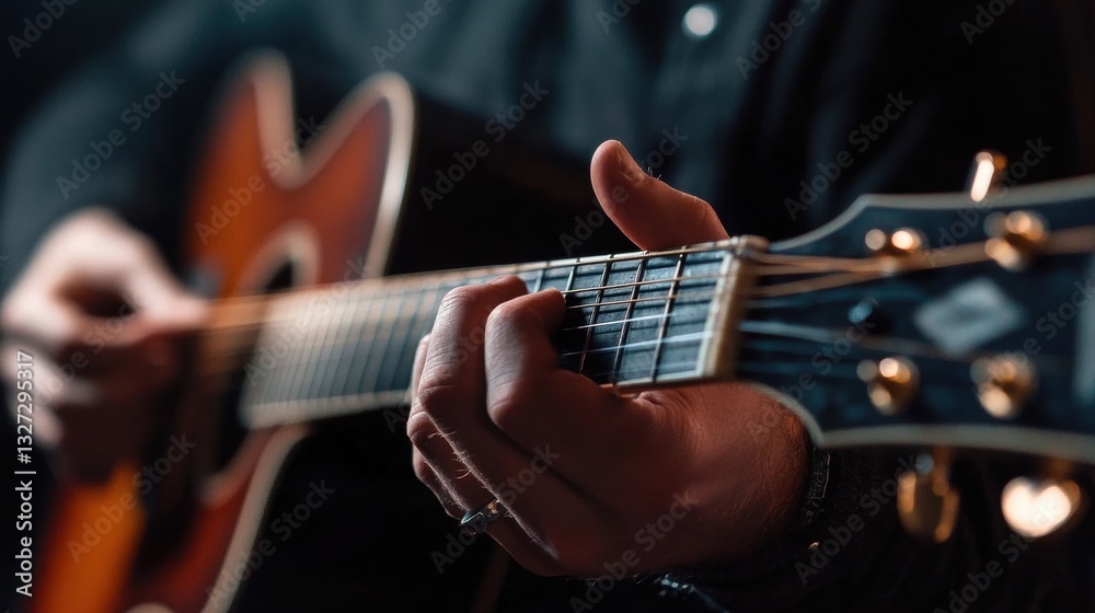 Fototapeta premium Hands playing acoustic guitar in warm light.