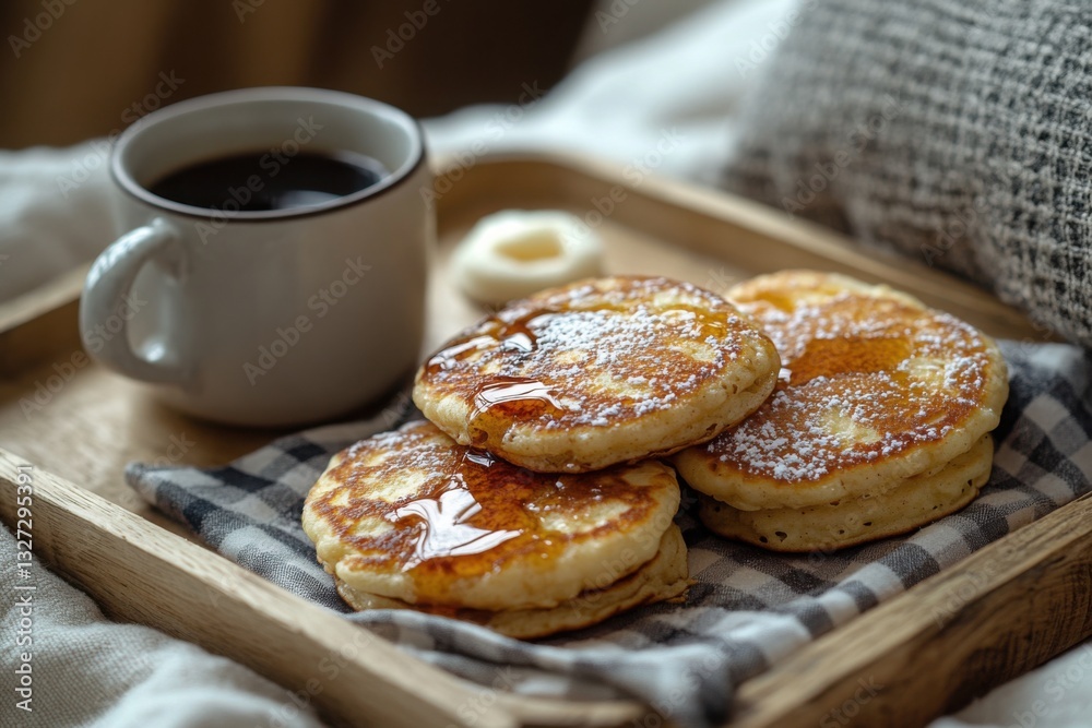 Comforting breakfast: Pancakes drizzled with syrup and powdered sugar served with a cup of coffee Comforting breakfast: Pancakes drizzled with syrup and powdered sugar served with a cup of coffee