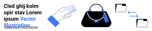 Credit card held by hand beside bag with tag, folder icons illustrating data transfer. Ideal for finance, online shopping, e-commerce, digital transactions, cybersecurity, branding, flat landing page