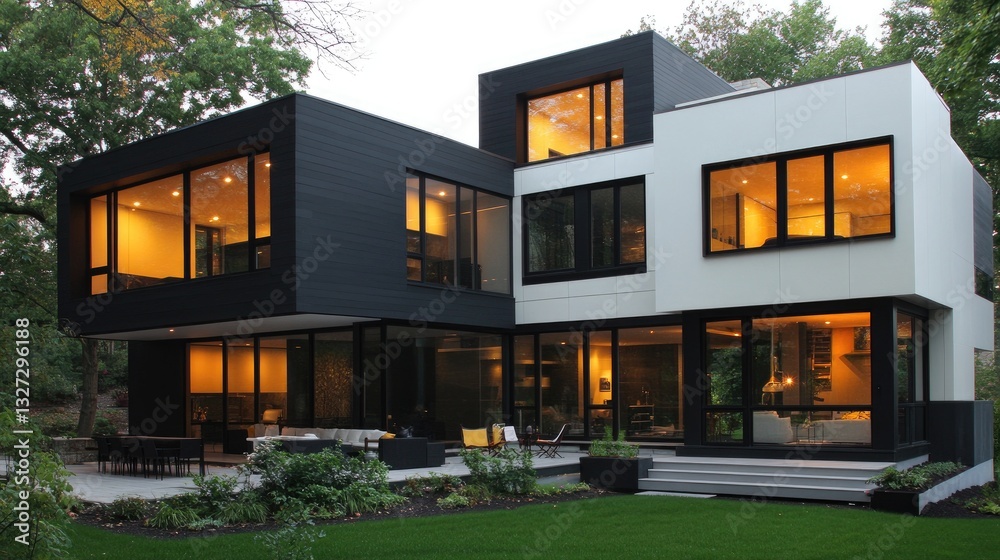 Obraz premium Sleek monochrome modern home with black and white exterior, stylish patio furniture, and lush landscaping