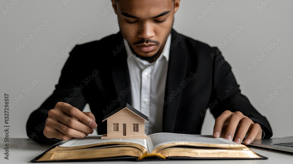 Businessman Analyzing Real Estate Investment Strategies with Model House on Open Book Businessman Analyzing Real Estate Investment Strategies with Model House on Open Book
