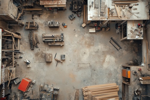 Aerial View of a Busy Woodworking Workshop