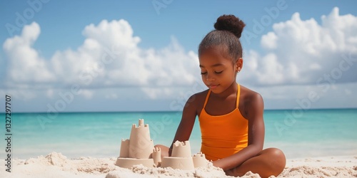 Fototapeta Naklejka Na Ścianę i Meble -  A young girl is sitting on the beach and building a sand castle. The beach is calm and peaceful, and the girl is enjoying her time