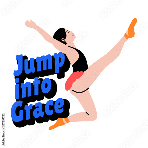 Flat sticker of a girl performing ballerina dance with jump into grace typography