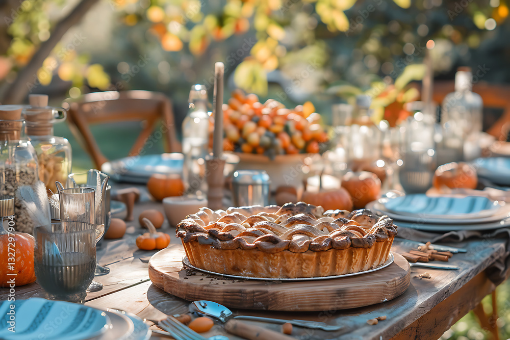 Naklejka premium labor day outdoor gathering, the scent of homemade pies, a table beneath the open sky, and family gathered in celebration of labor day with food and talk