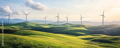 A hightech wind farm on rolling hills, generating clean energy under a bright sky