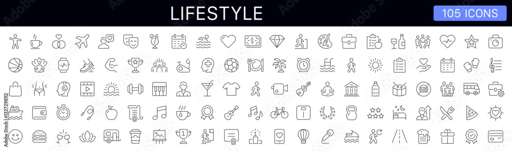 Lifestyle thin line icons set. Healthy lifestyle, sport, diet, entertainment icon. Editable stroke. Vector illustration Lifestyle thin line icons set. Healthy lifestyle, sport, diet, entertainment icon. Editable stroke. Vector illustration