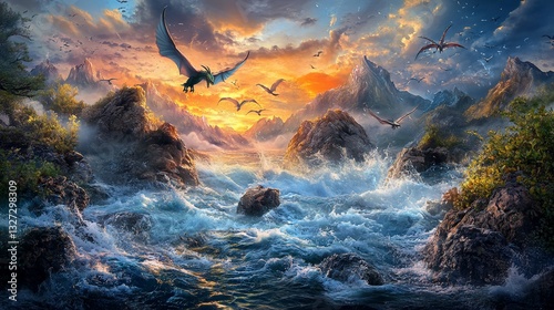Dragons fly sunset mountain river fantasy art