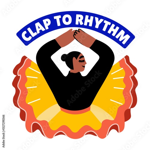 Flat sticker of a girl character performing salsa dance with clap to rhythm typography