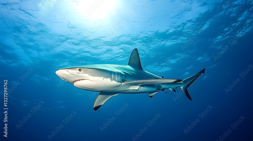 Fototapeta premium Silky Shark Silhouette Slicing Through Shimmering Blue Ocean Depths