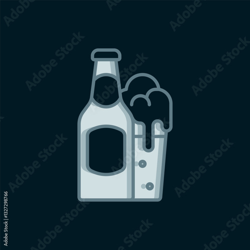 Line Beer bottle and glass icon isolated on black background. Alcohol Drink symbol. Flat filled outline style with shadow. Vector