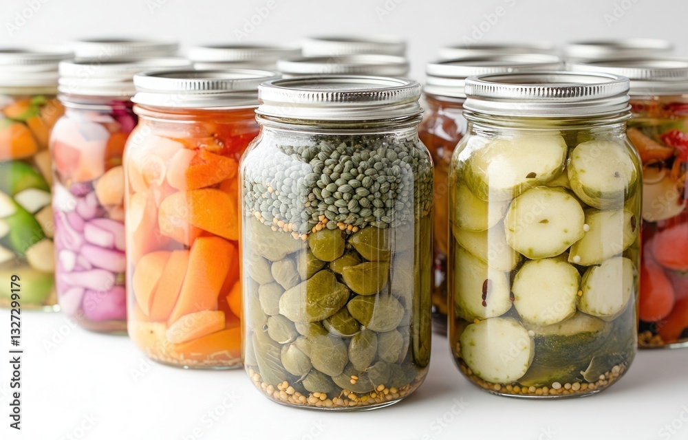 A row of glass jars filled with pickles A row of glass jars filled with pickles