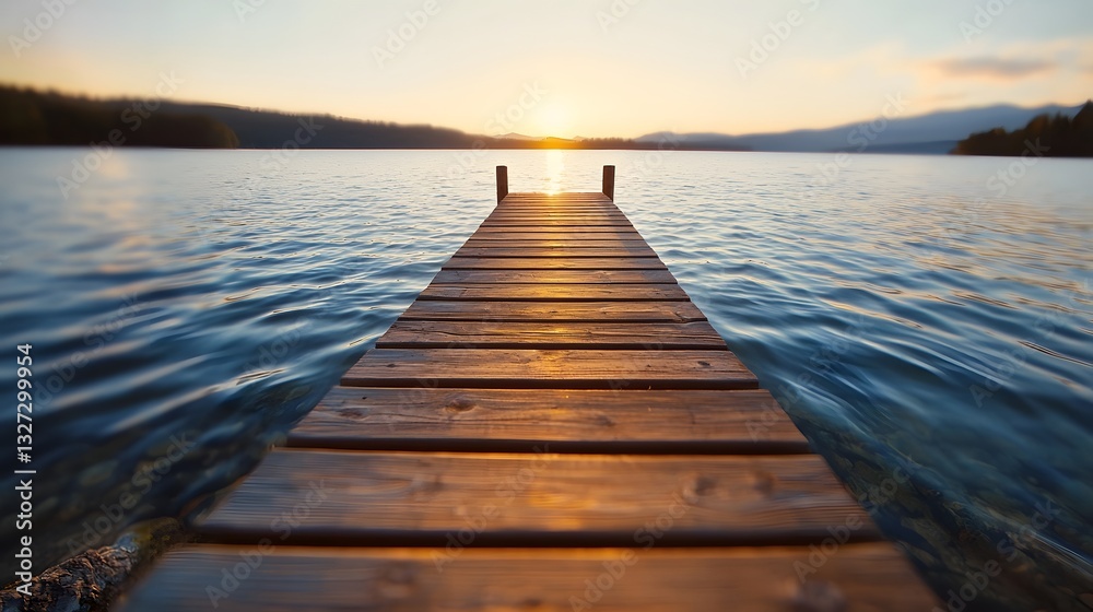 Fototapeta premium Serene Lakeside Retreat with Weathered Wooden Dock and Gentle Rippling Waters at Sunset