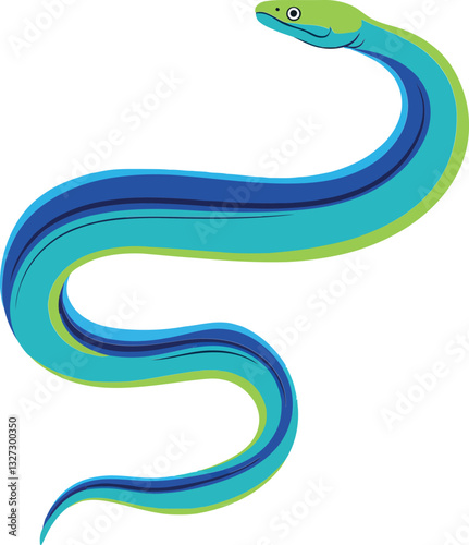 A vibrant blue and green eel gracefully swimming through water in a flat vector illustration showcasing aquatic life and natural beauty