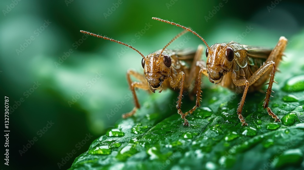 Naklejka premium Two grasshoppers are poised on a raindrop-covered leaf, exemplifying nature's beauty and resilience in this exquisite close-up capturing fine textures and vibrant colors.
