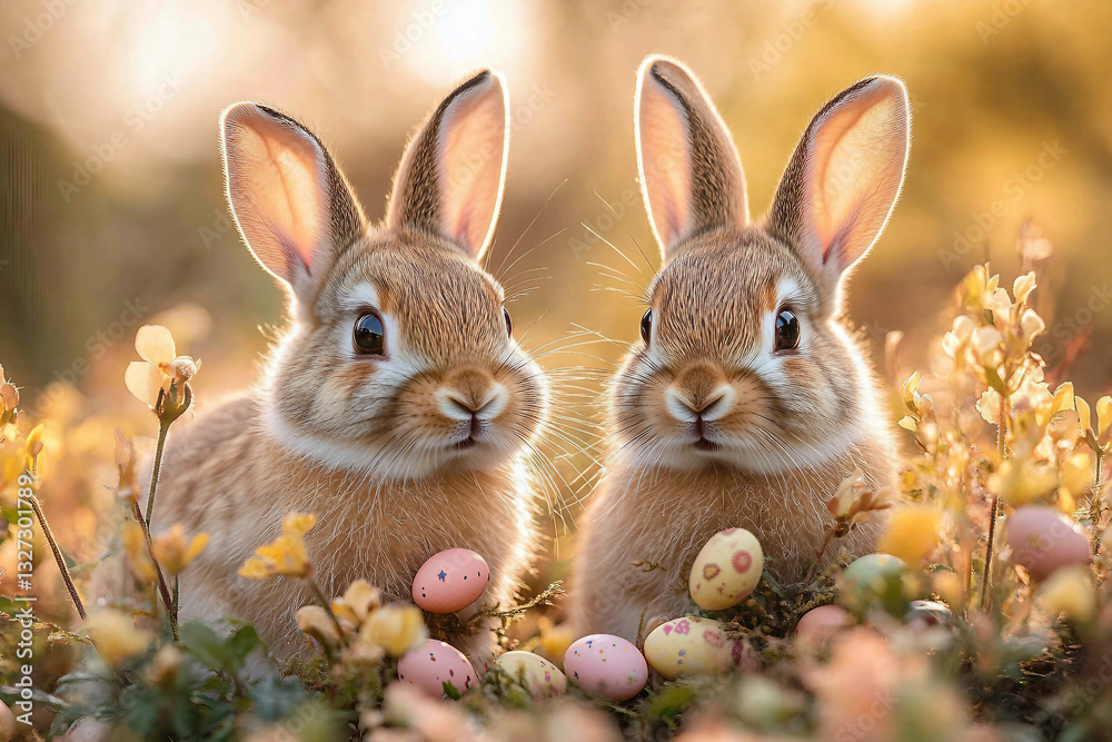 Fototapeta premium Adorable Easter bunny with decorative painted eggs, perfect Paschal holiday celebration composition, generative AI