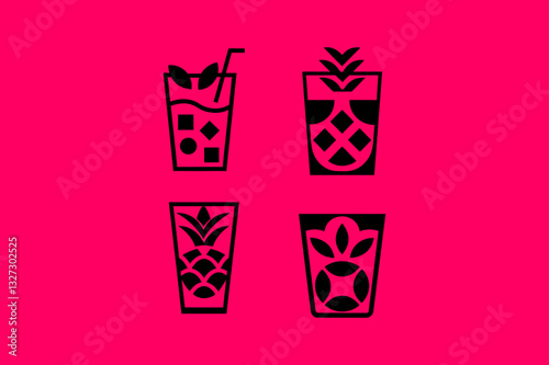 vector illustration of a cocktail, juice with ice Icon logo set Cold drink glass silhouette vector illustration isolated on a white background