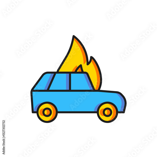 Color Burning car icon isolated on white background. Car on fire. Broken auto covered with fire and smoke. Flat filled outline style with shadow. Vector