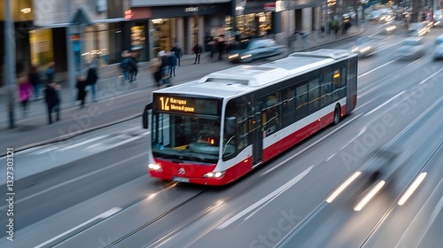 Dynamic bus in motion on busy city street with blurred pedestrians and evening lights illuminating buildings : Generative AI