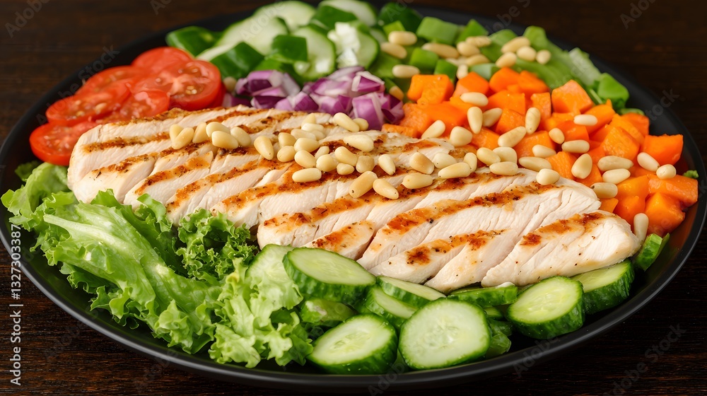 Grilled Salmon Fillet Served on a Colorful Salad with Fresh Vegetables and Nuts in a Bowl Grilled Salmon Fillet Served on a Colorful Salad with Fresh Vegetables and Nuts in a Bowl