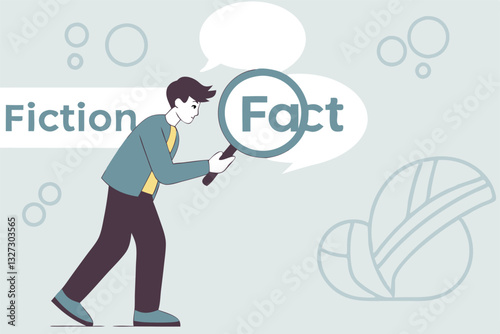 Fact checking, analyze truth, lie or dishonesty, proof information, decision to identify fact, verification or validate data concept, businessman with magnifying glass analyze fact from false info.