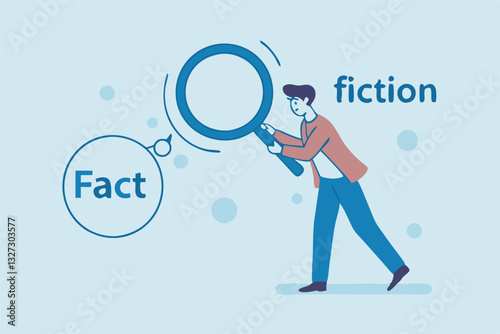 Fact checking, analyze truth, lie or dishonesty, proof information, decision to identify fact, verification or validate data concept, businessman with magnifying glass analyze fact from false info.