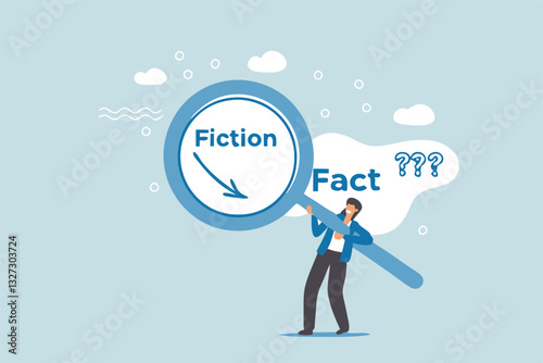 Fact checking, analyze truth, lie or dishonesty, proof information, decision to identify fact, verification or validate data concept, businessman with magnifying glass analyze fact from false info.