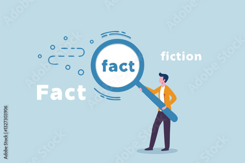 Fact checking, analyze truth, lie or dishonesty, proof information, decision to identify fact, verification or validate data concept, businessman with magnifying glass analyze fact from false info.
