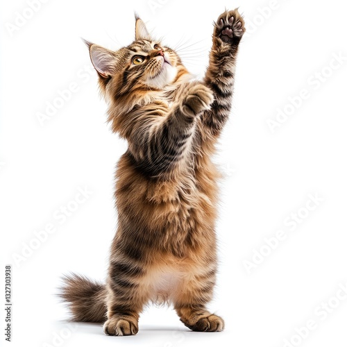Playful cat reaching up with paws in a bright and clean indoor environment during daylight