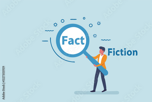 Fact checking, analyze truth, lie or dishonesty, proof information, decision to identify fact, verification or validate data concept, businessman with magnifying glass analyze fact from false info.
