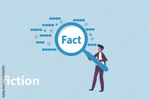 Fact checking, analyze truth, lie or dishonesty, proof information, decision to identify fact, verification or validate data concept, businessman with magnifying glass analyze fact from false info.