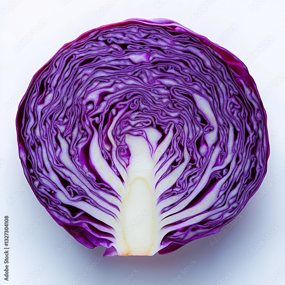 Obraz premium A red cabbage, cut in half, with the inside of one side showing a pattern of purple and white stripes.