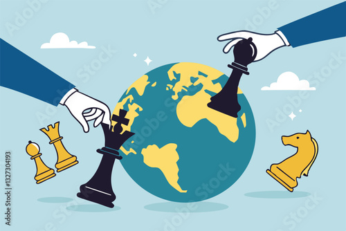 Geopolitics world country trade alliance, diplomacy with superpower nations, relationship or negotiation for trade war, tariff or sanction concept, hand playing chess to win geopolitics trade war.