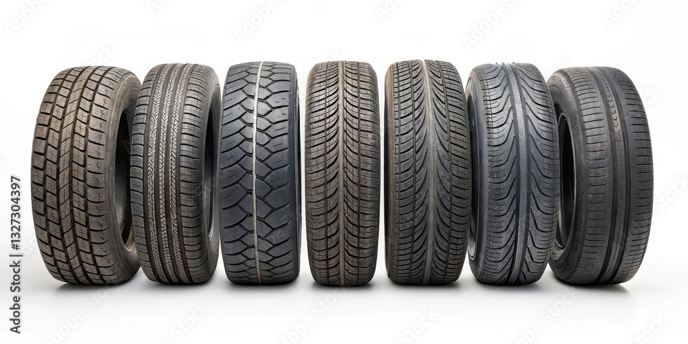 Row of Different Car Tires on White Background, vehicle , automobile Row of Different Car Tires on White Background, vehicle , automobile