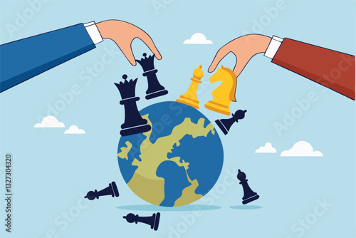 Geopolitics world country trade alliance, diplomacy with superpower nations, relationship or negotiation for trade war, tariff or sanction concept, hand playing chess to win geopolitics trade war.