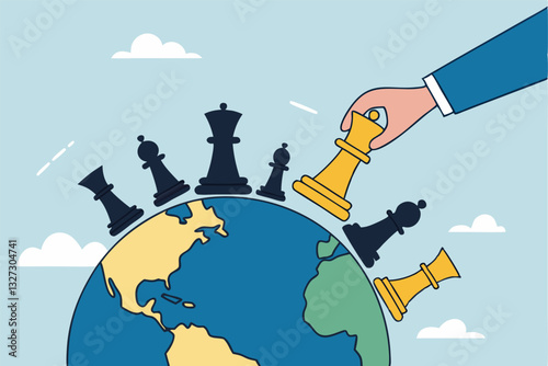 Geopolitics world country trade alliance, diplomacy with superpower nations, relationship or negotiation for trade war, tariff or sanction concept, hand playing chess to win geopolitics trade war.