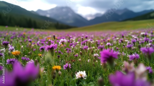 A breathtaking wildflower meadow bursting with vibrant colors, set against a mountainous backdrop, inviting awe and a sense of connection with the beauty of nature.
