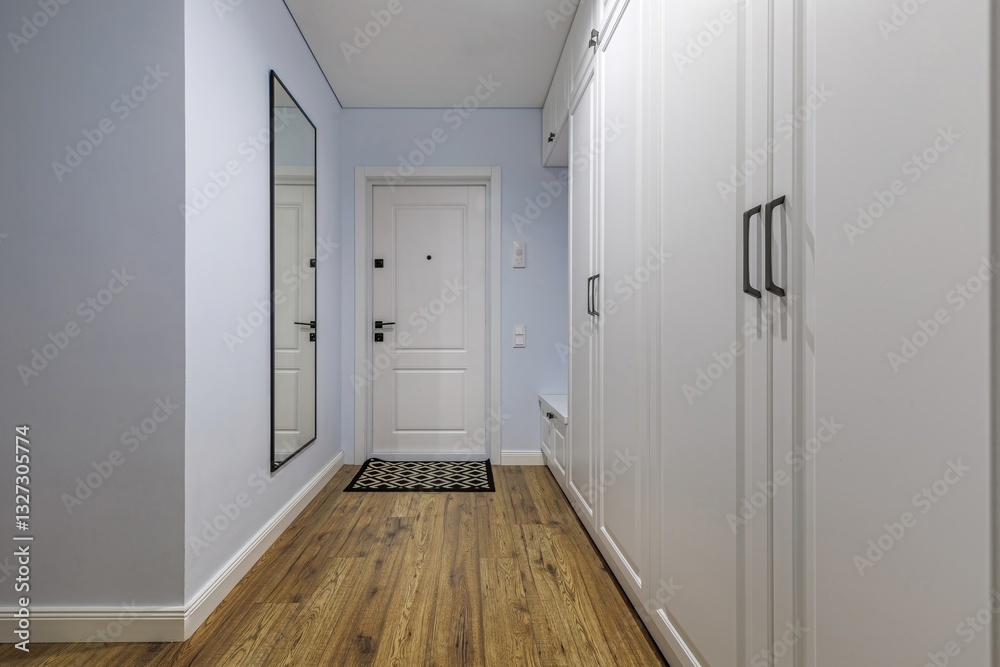 Fototapeta premium Stylish Hallway with White Storage and Wooden Flooring