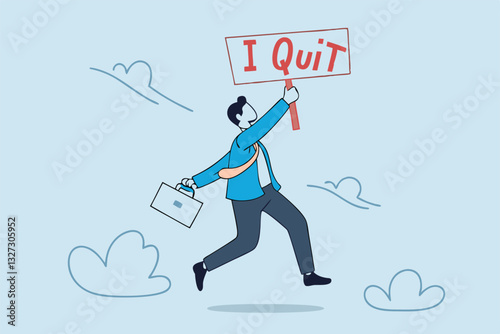 Quit full time job, resignation or end career, change job leaving company, employee termination, unemployment or burnout dissatisfaction exit layoff concept, businessman with stuff with quit job sign.