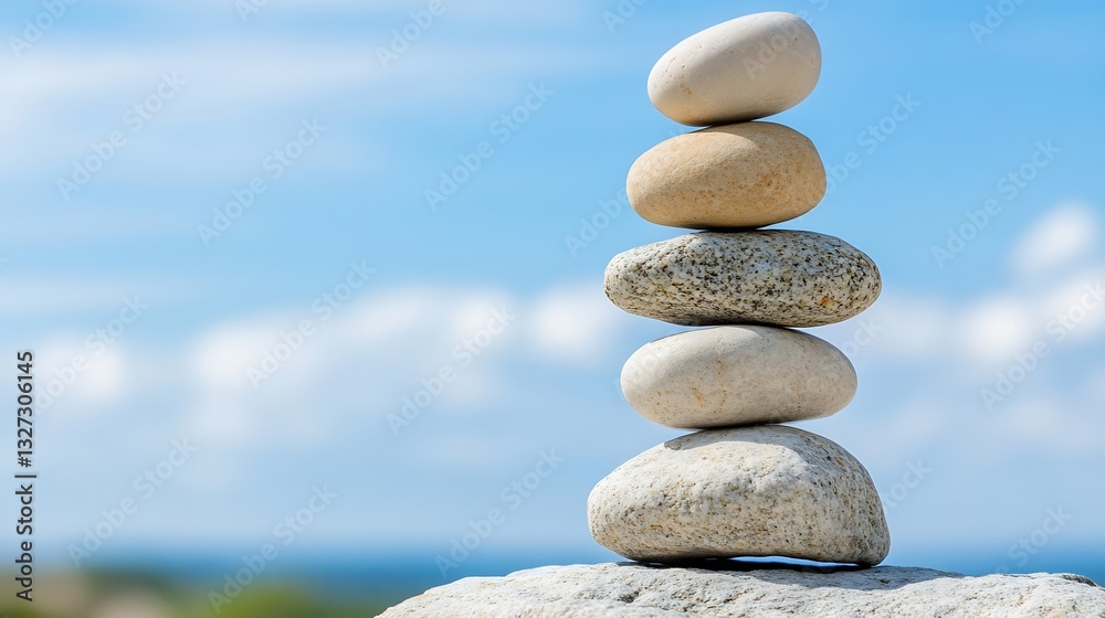 Serene stack of smooth stones symbolizing calmness and meditation with clear blue sky and ocean background : Generative AI Serene stack of smooth stones symbolizing calmness and meditation with clear blue sky and ocean background : Generative AI