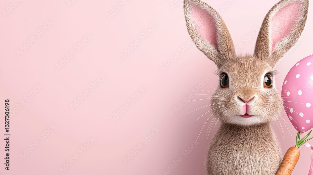 Obraz premium Adorable Brown Bunny Rabbit with Pink Balloon on Pale Pink Background